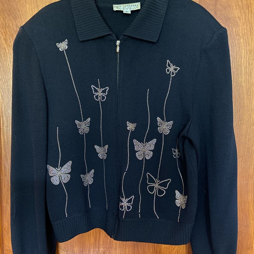 St. John Collection Black Sweater with Silver Butterfly Accents